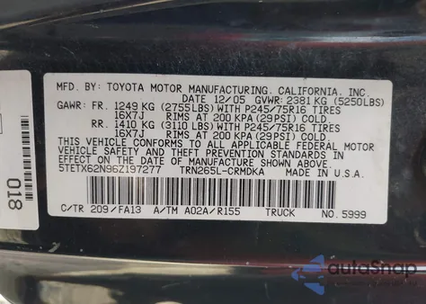 2006 Toyota Tacoma Prerunner z USA, uszkodzony, nr VIN 5TETX62N96Z197277